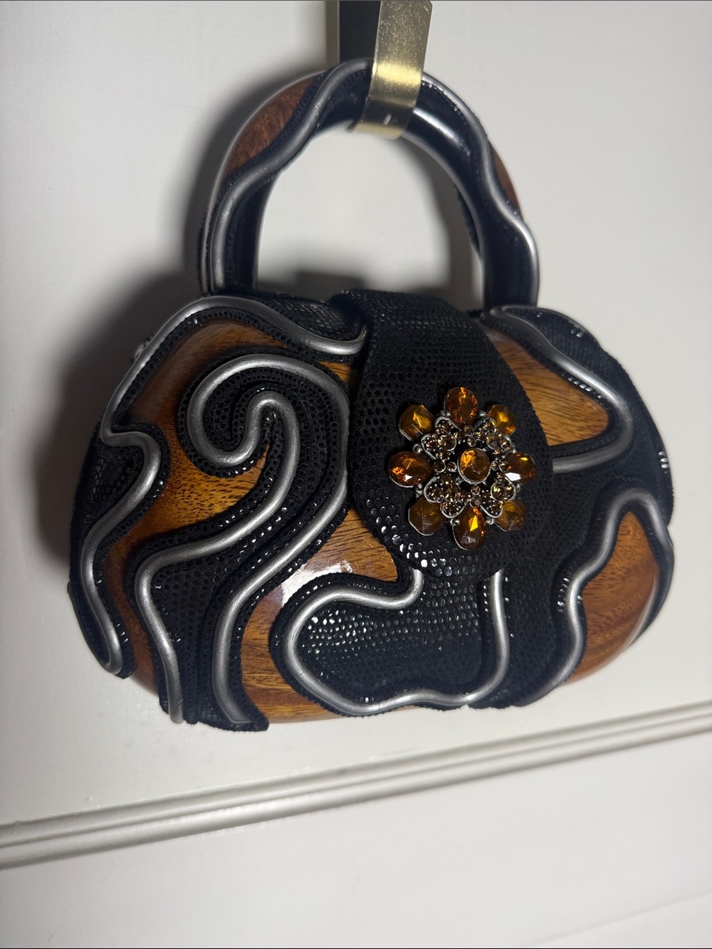 Timmy Woods Black and Brown Decorative Women’s Handbag with Amber Crystal Accent